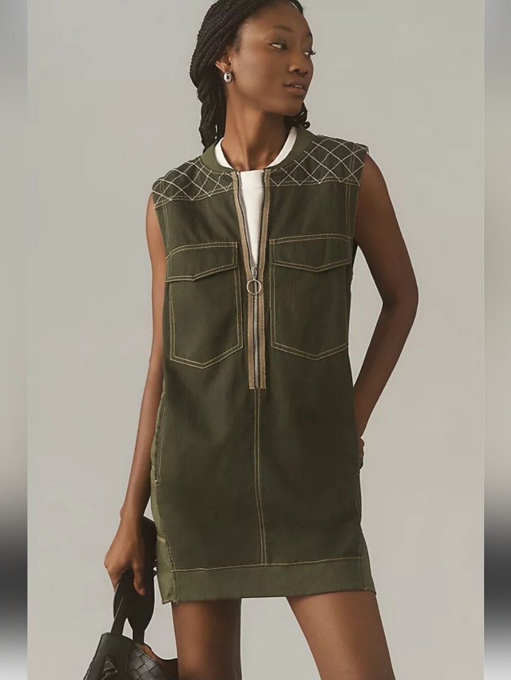 Pilcro Sleeveless Cotton Olive Utility Shift Dress with Zip Front Large Boho